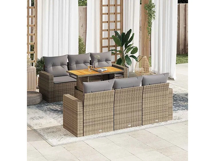 Salon de jardin avec coussins 7 pcs beige résine tressée