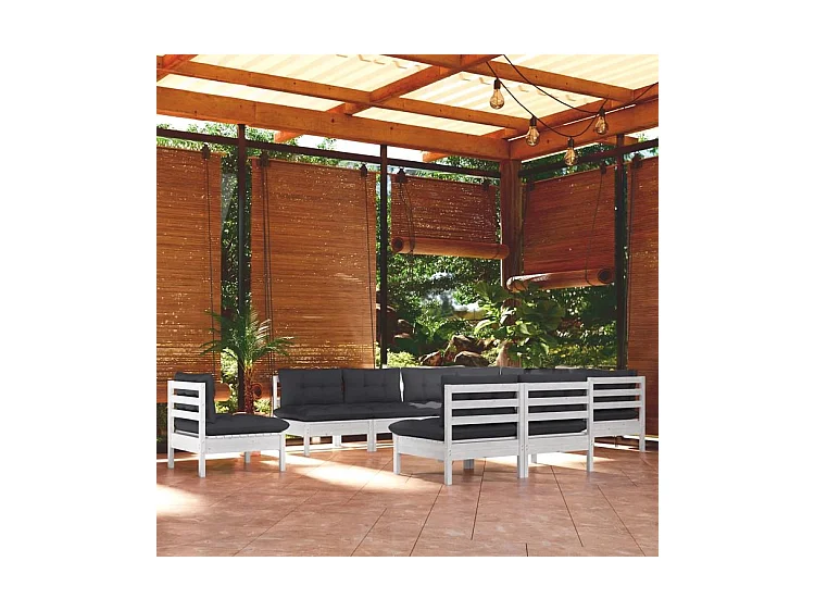 Salon de jardin 10 pcs avec coussins blanc bois de pin solide