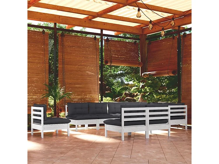 Salon de jardin 10 pcs avec coussins blanc bois de pin solide