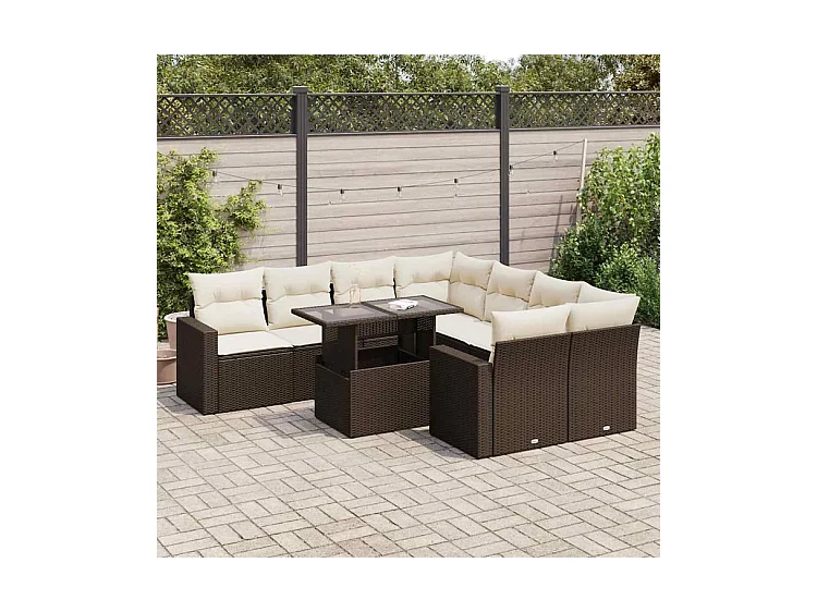 Salon de jardin avec coussins 9 pcs marron résine tressée
