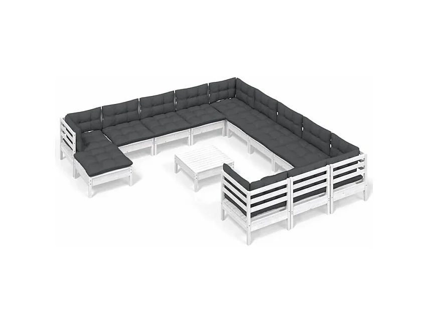 Salon de jardin 13 pcs avec coussins blanc bois de pin