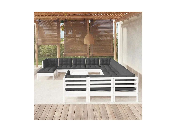 Salon de jardin 13 pcs avec coussins blanc bois de pin