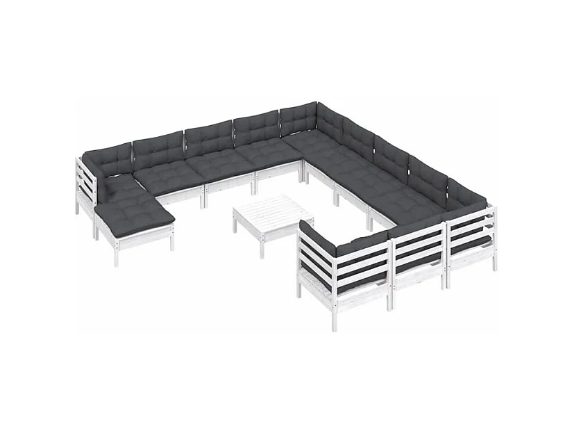 Salon de jardin 13 pcs avec coussins blanc bois de pin