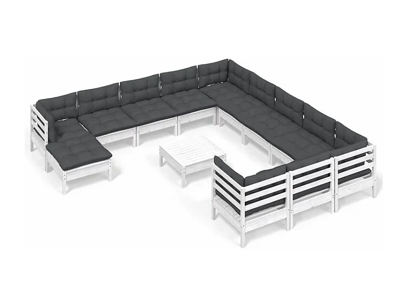 Salon de jardin 13 pcs avec coussins blanc bois de pin
