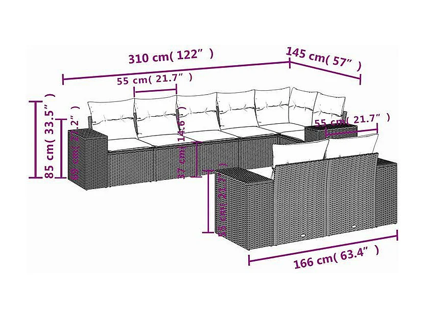 Salon de jardin 8 pcs avec coussins gris clair résine tressée