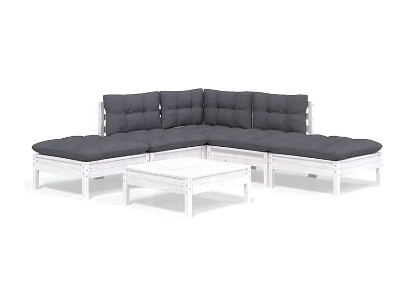 Salon de jardin 6 pcs avec coussins blanc bois de pin