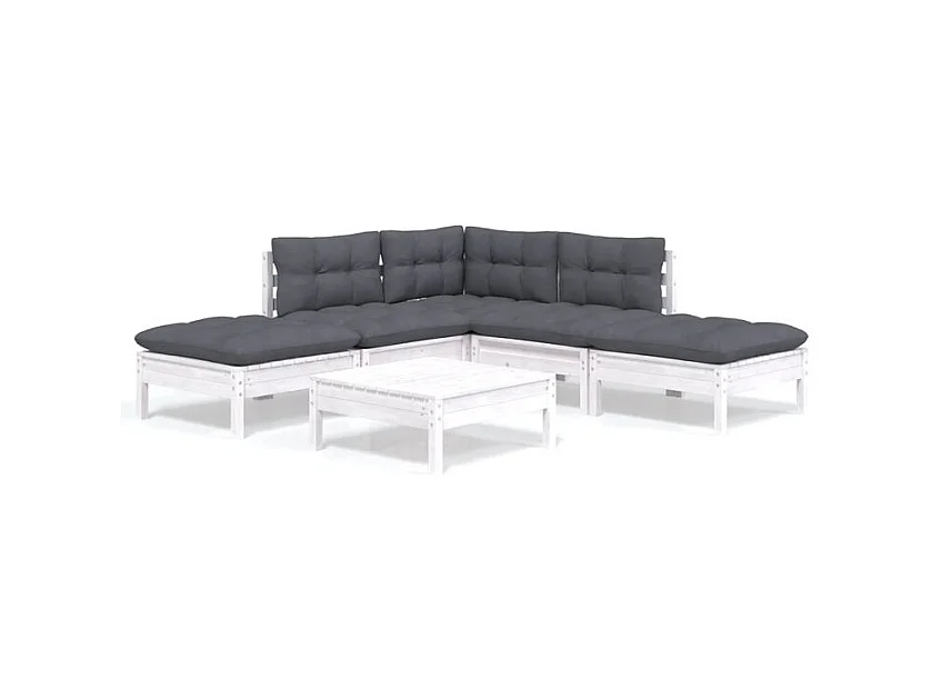 Salon de jardin 6 pcs avec coussins blanc bois de pin