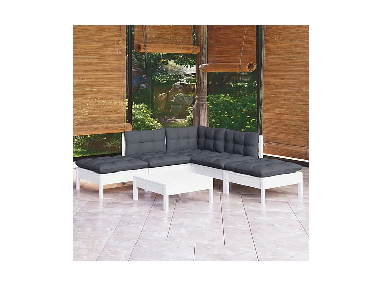 Salon de jardin 6 pcs avec coussins blanc bois de pin