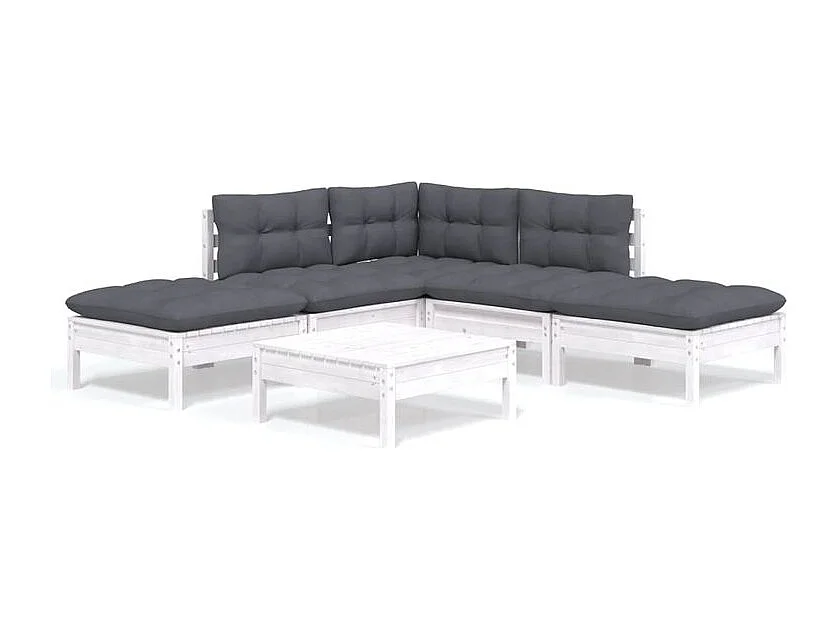 Salon de jardin 6 pcs avec coussins blanc bois de pin
