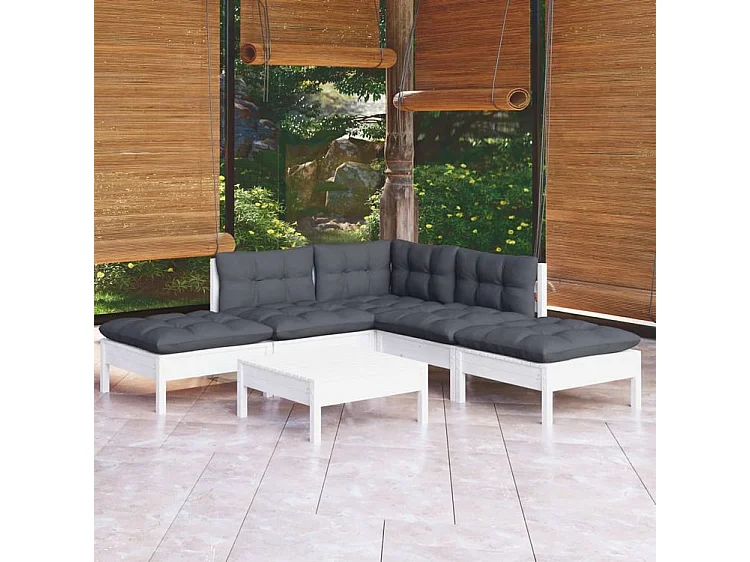 Salon de jardin 6 pcs avec coussins blanc bois de pin