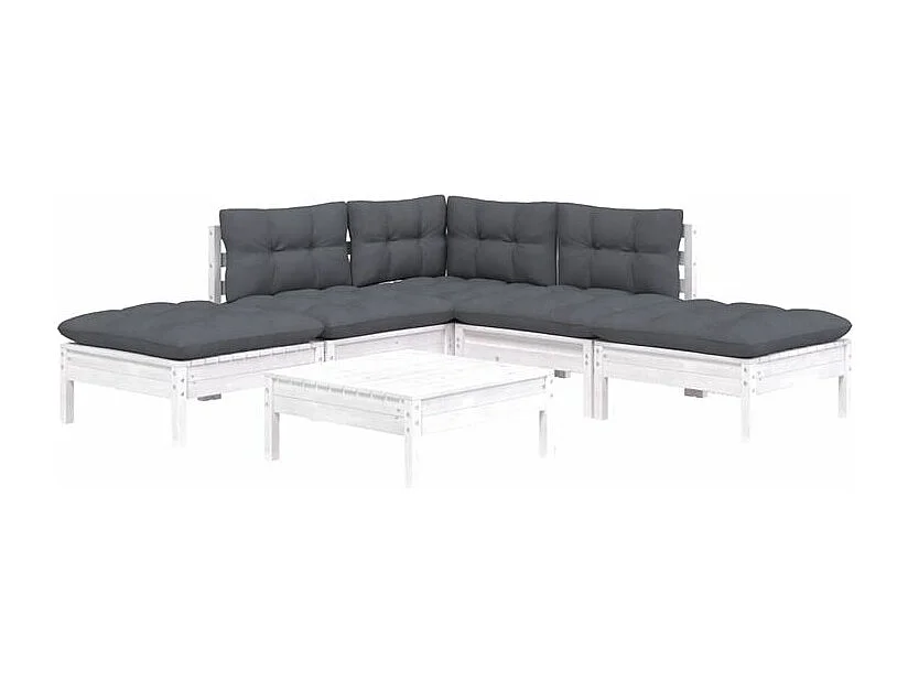 Salon de jardin 6 pcs avec coussins blanc bois de pin