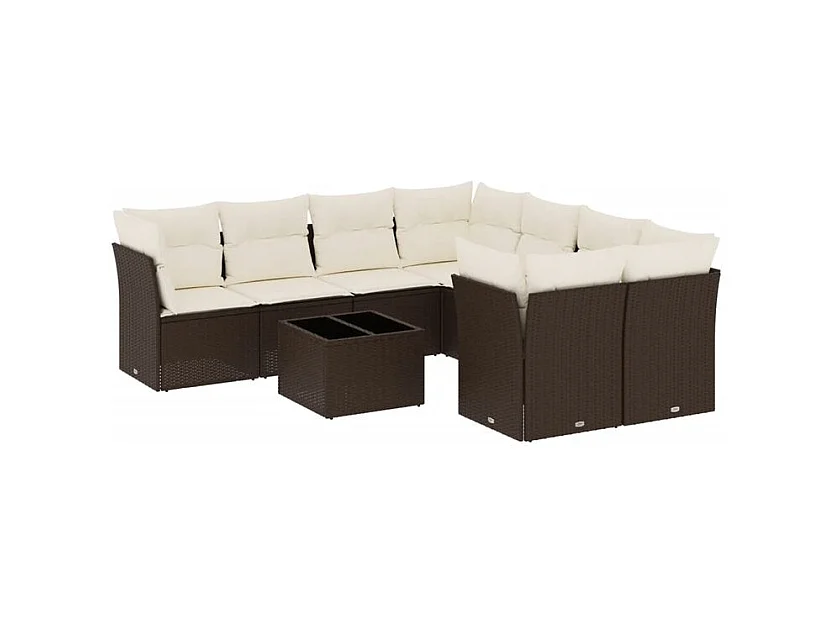 Salon de jardin avec coussins 9 pcs marron résine tressée
