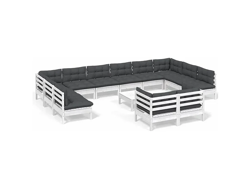 Salon de jardin 13 pcs avec coussins blanc bois de pin