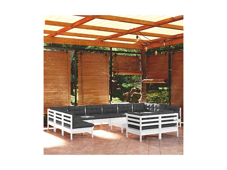 Salon de jardin 13 pcs avec coussins blanc bois de pin