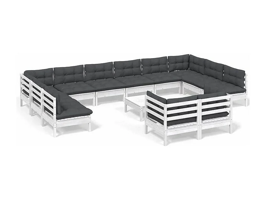 Salon de jardin 13 pcs avec coussins blanc bois de pin