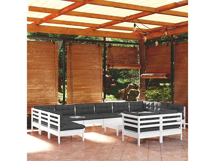 Salon de jardin 13 pcs avec coussins blanc bois de pin