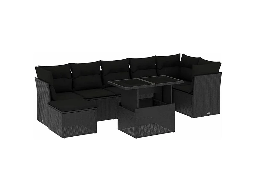 Salon de jardin 8 pcs avec coussins noir résine tressée