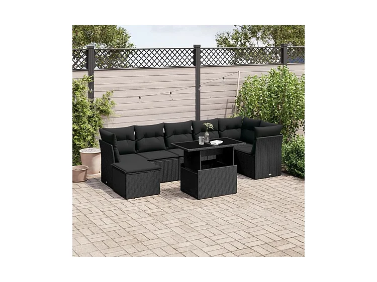 Salon de jardin 8 pcs avec coussins noir résine tressée