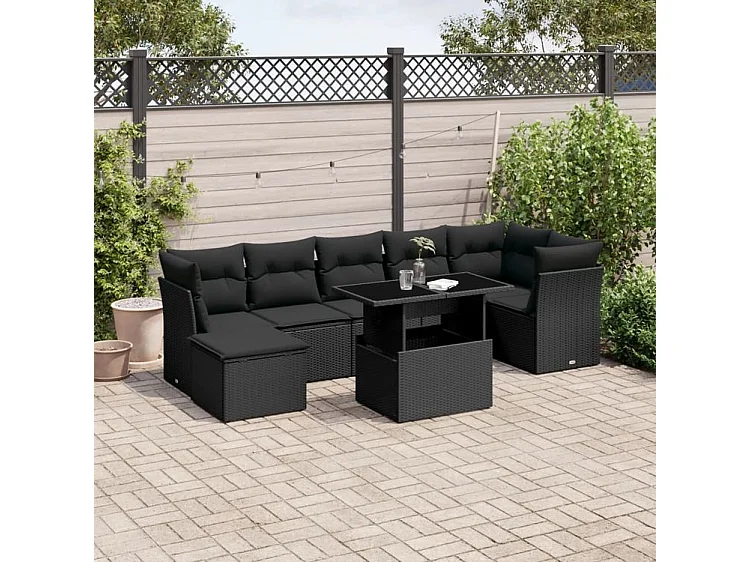 Salon de jardin 8 pcs avec coussins noir résine tressée
