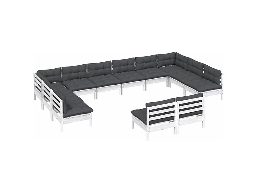 Salon de jardin 12 pcs avec coussins blanc bois de pin solide
