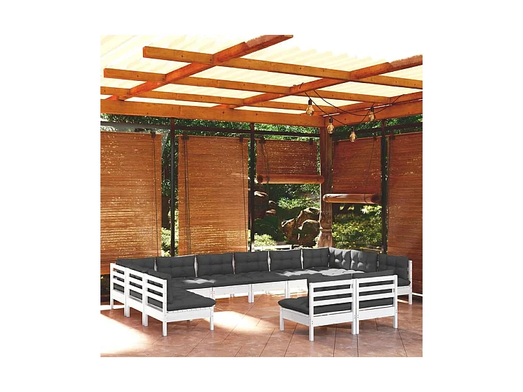 Salon de jardin 12 pcs avec coussins blanc bois de pin solide