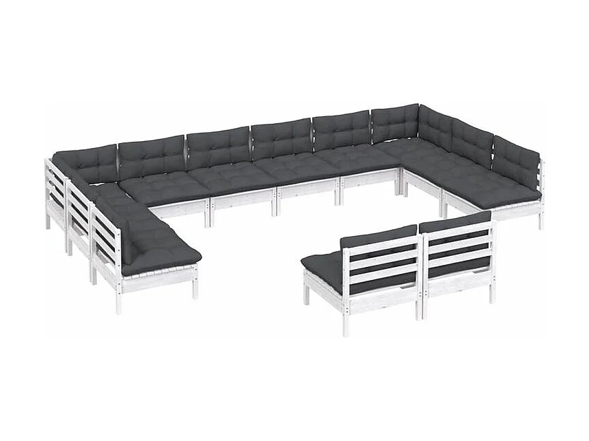 Salon de jardin 12 pcs avec coussins blanc bois de pin solide