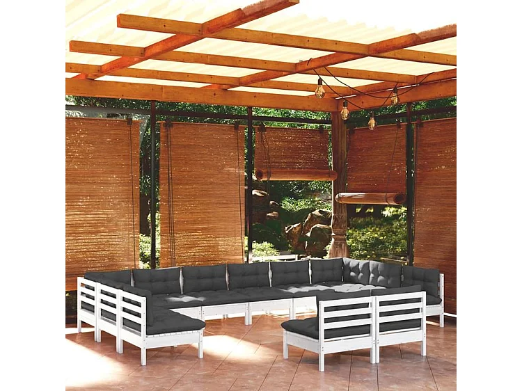 Salon de jardin 12 pcs avec coussins blanc bois de pin solide