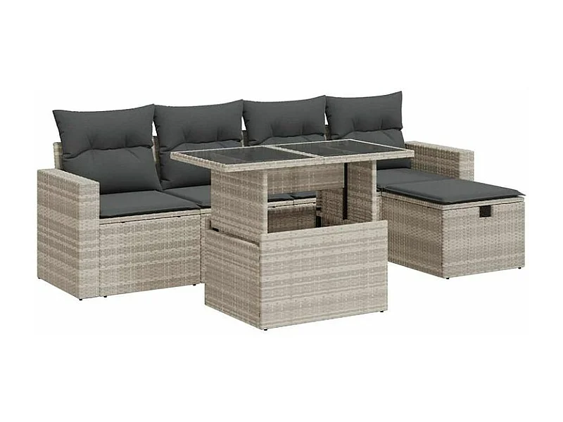 Salon de jardin 6 pcs avec coussins gris clair résine tressée