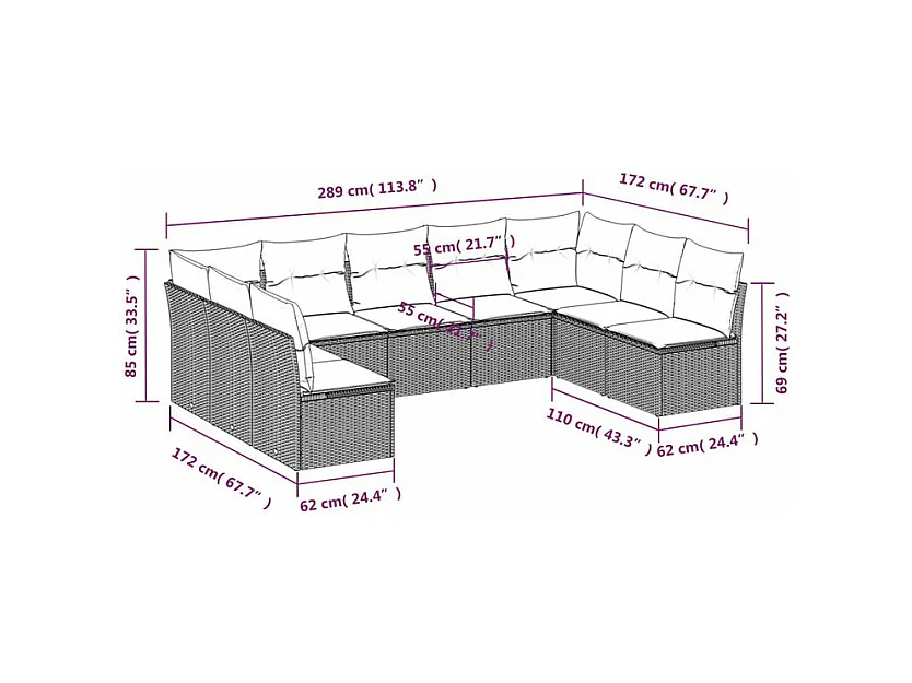 Salon de jardin 9 pcs avec coussins gris clair résine tressée