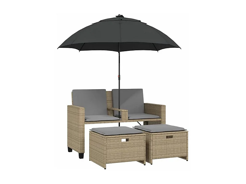 Canapé de jardin 2 places avec parasol et tabourets beige rotin