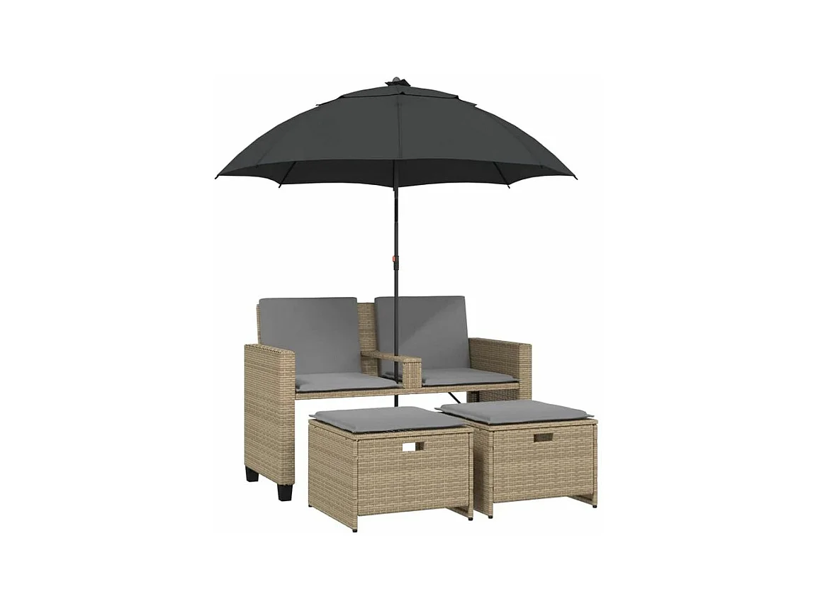 Canapé de jardin 2 places avec parasol et tabourets beige rotin