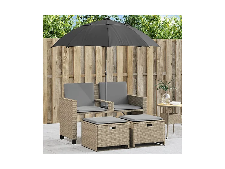Canapé de jardin 2 places avec parasol et tabourets beige rotin