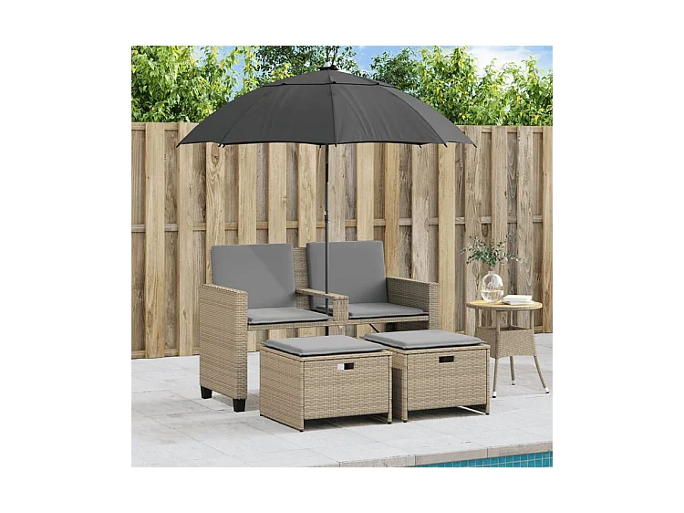 Canapé de jardin 2 places avec parasol et tabourets beige rotin