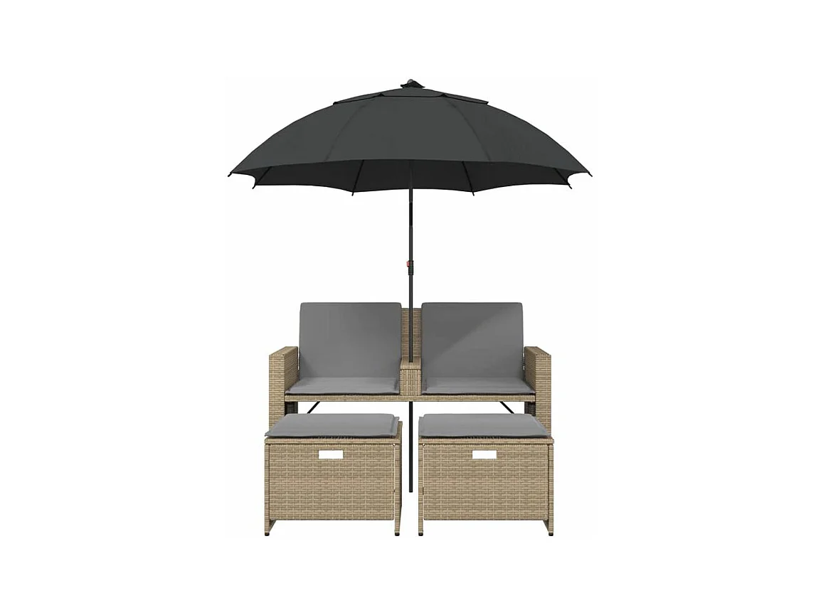 Canapé de jardin 2 places avec parasol et tabourets beige rotin