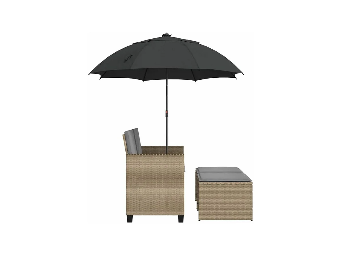 Canapé de jardin 2 places avec parasol et tabourets beige rotin