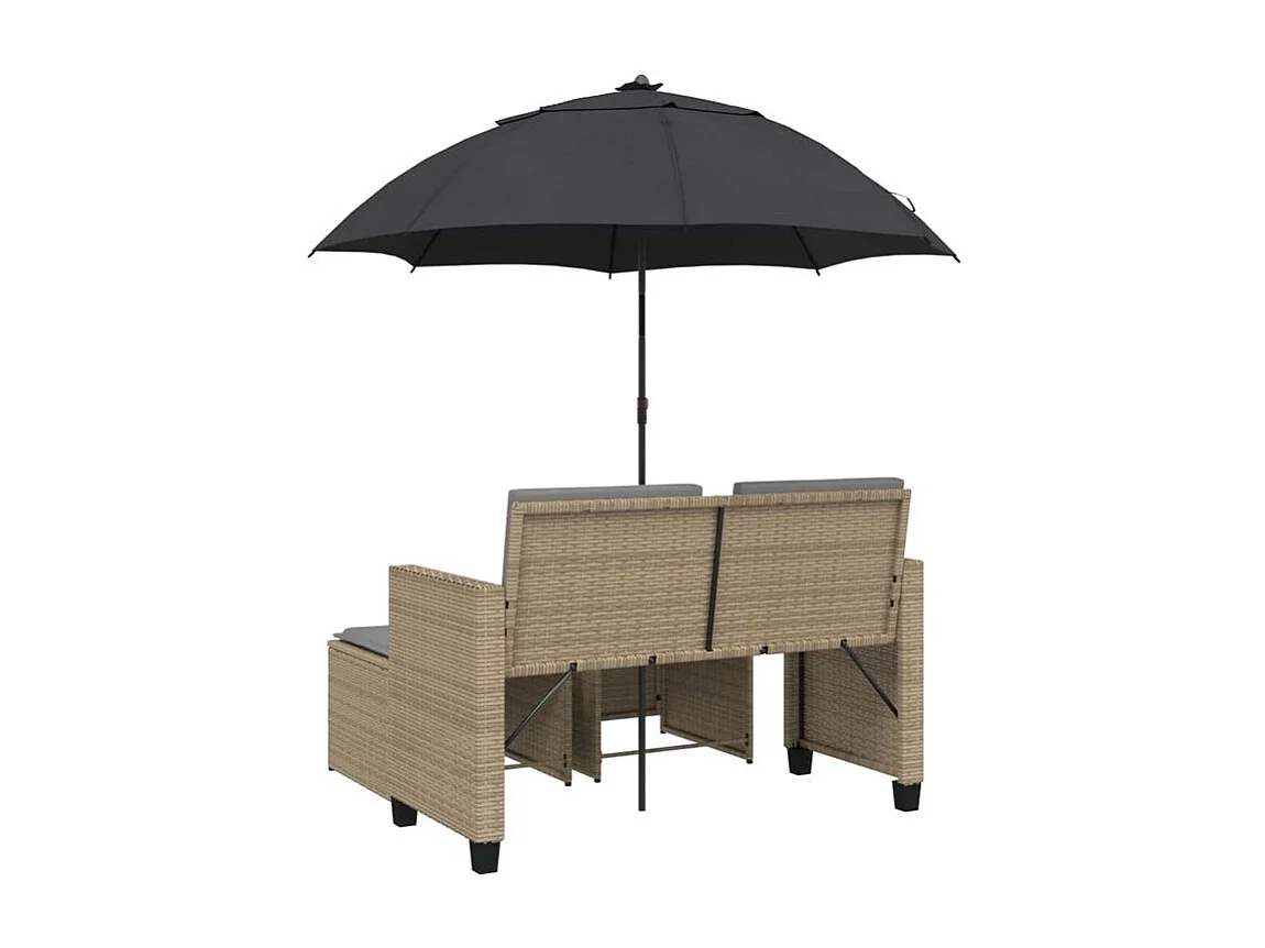 Canapé de jardin 2 places avec parasol et tabourets beige rotin