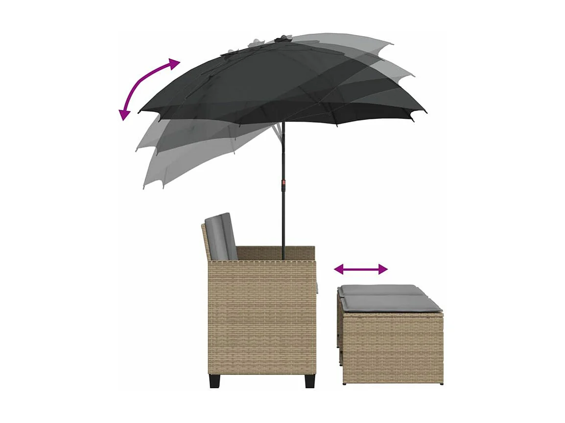 Canapé de jardin 2 places avec parasol et tabourets beige rotin