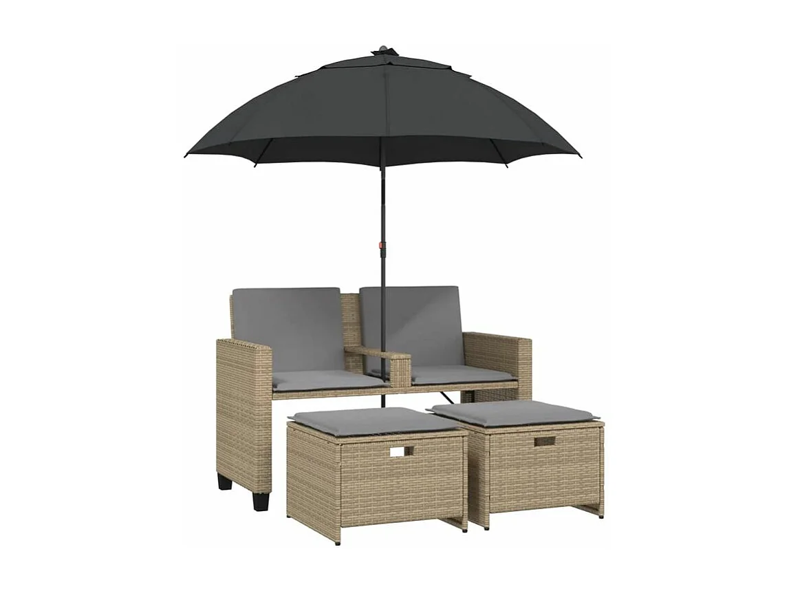 Canapé de jardin 2 places avec parasol et tabourets beige rotin