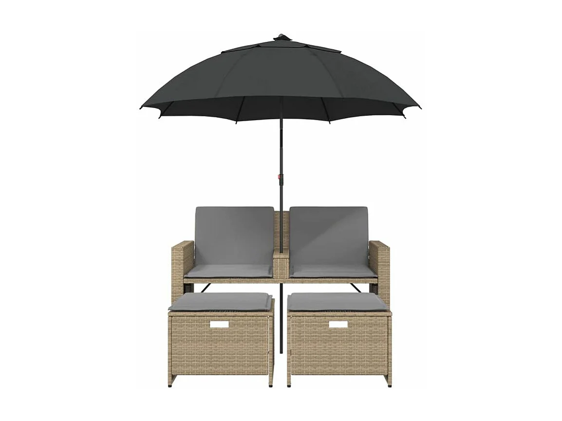 Canapé de jardin 2 places avec parasol et tabourets beige rotin