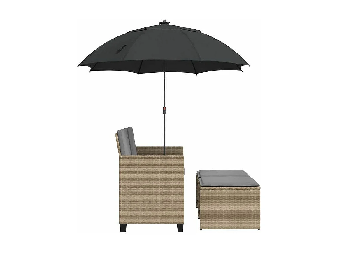 Canapé de jardin 2 places avec parasol et tabourets beige rotin
