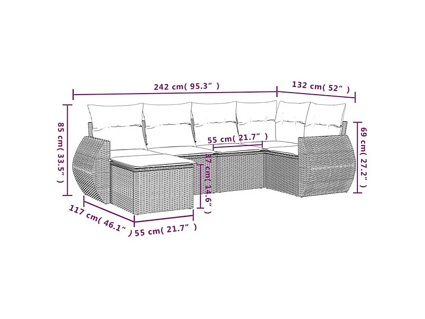 Salon de jardin avec coussins 6 pcs marron résine tressée