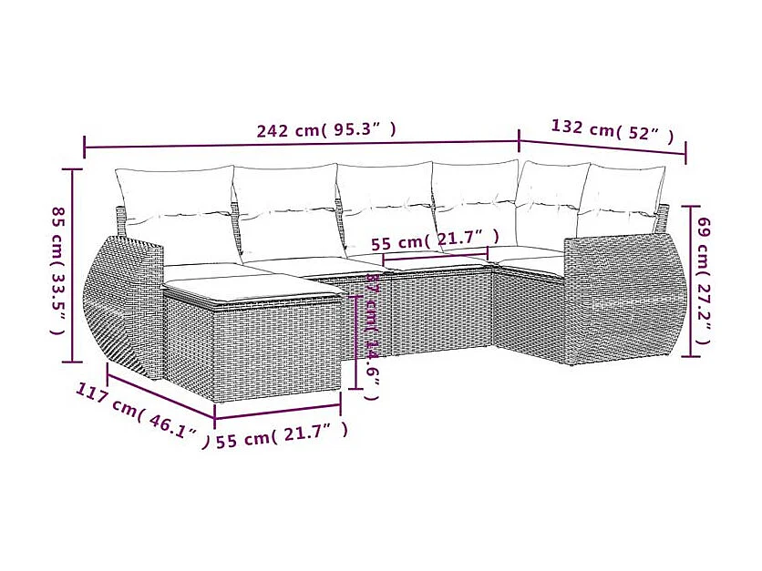 Salon de jardin avec coussins 6 pcs marron résine tressée