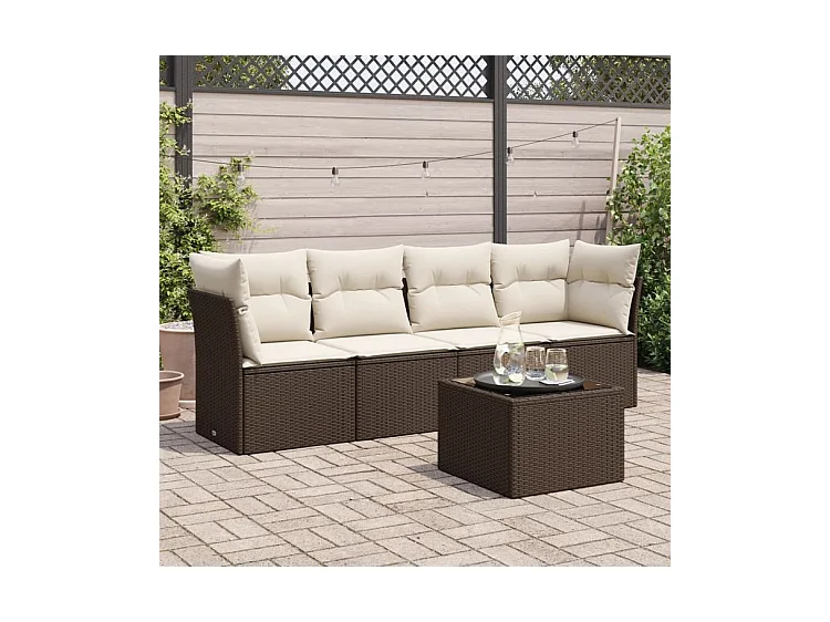 Salon de jardin avec coussins 5 pcs marron résine tressée