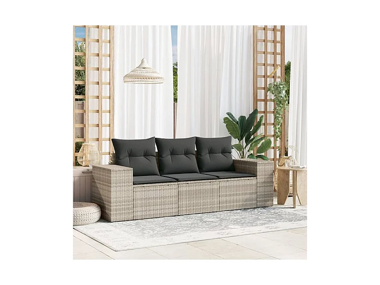 Salon de jardin avec coussins 3 pcs gris clair résine tressée