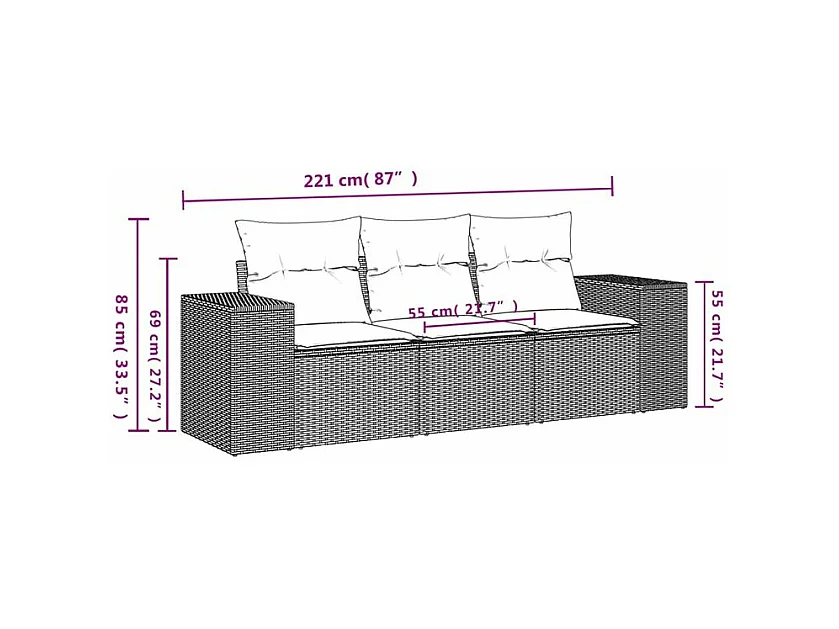 Salon de jardin avec coussins 3 pcs gris clair résine tressée