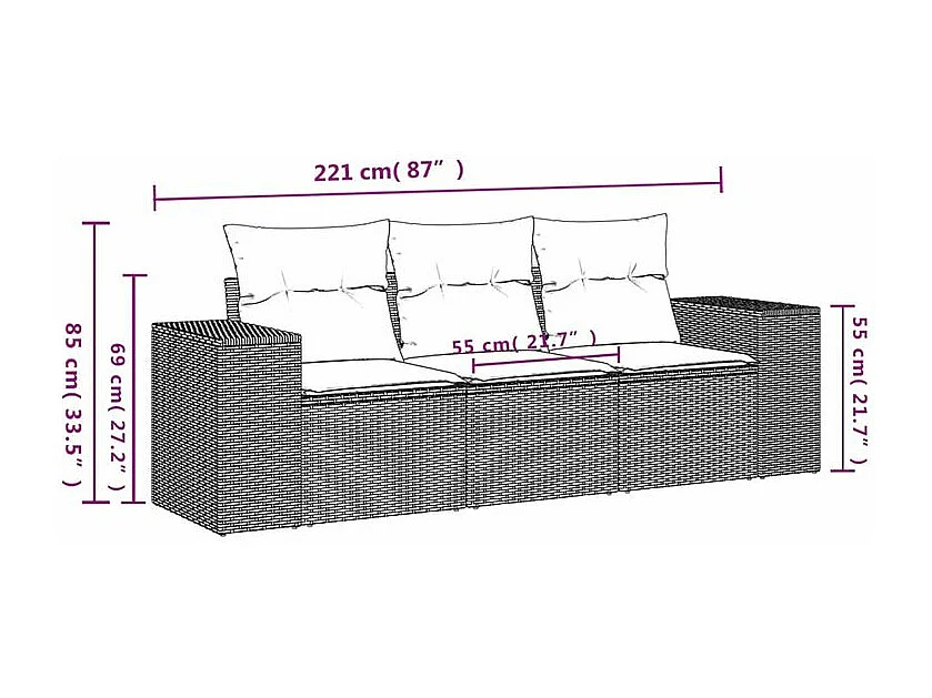 Salon de jardin avec coussins 3 pcs gris clair résine tressée