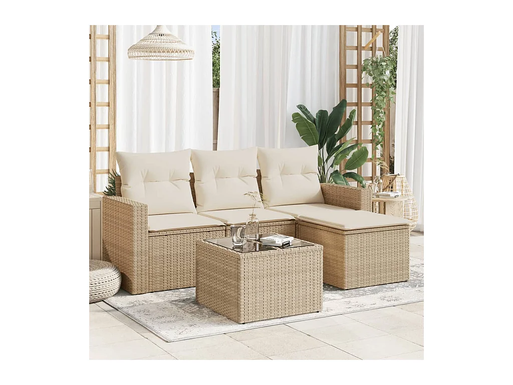 Salon de jardin avec coussins 5 pcs beige résine tressée