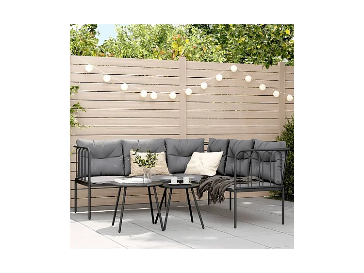 Canapé de jardin avec coussins forme de L noir acier textilène