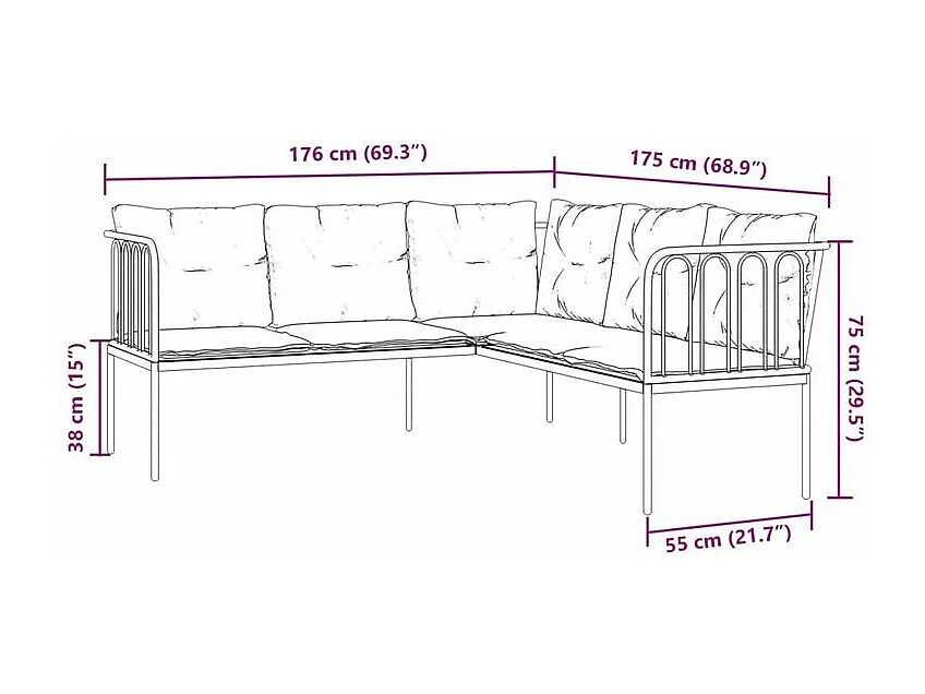 Canapé de jardin avec coussins forme de L noir acier textilène