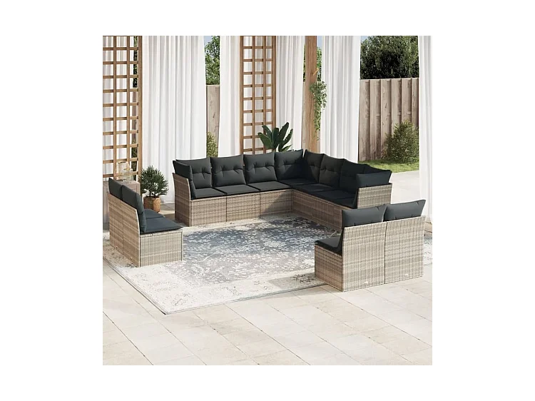 Salon de jardin 11 pcs avec coussins gris clair résine tressée